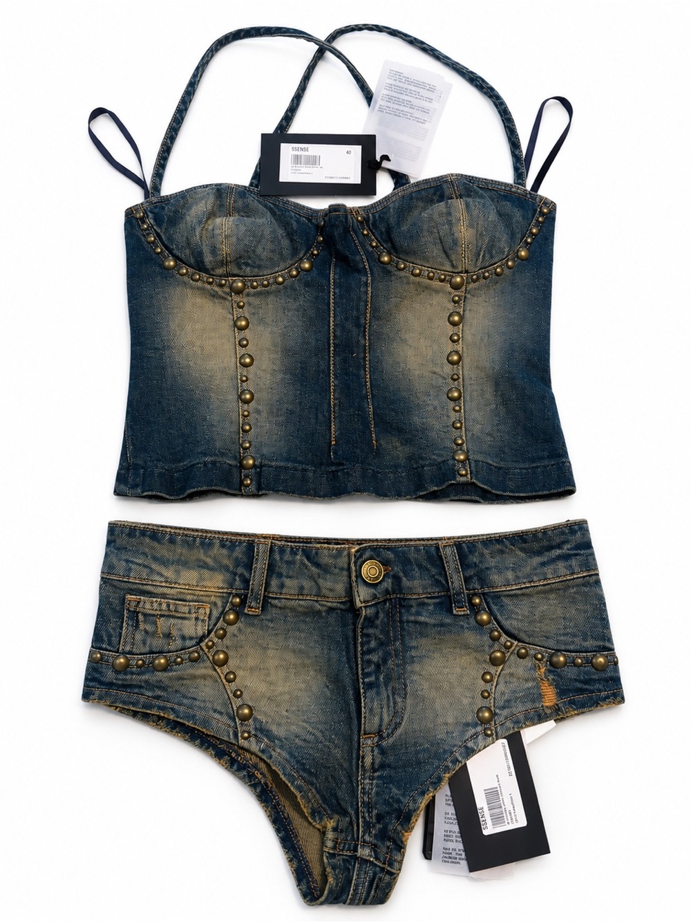 Blumarine NWT Studded Denim Corset Top & Shorts Set Y2K Western Festival